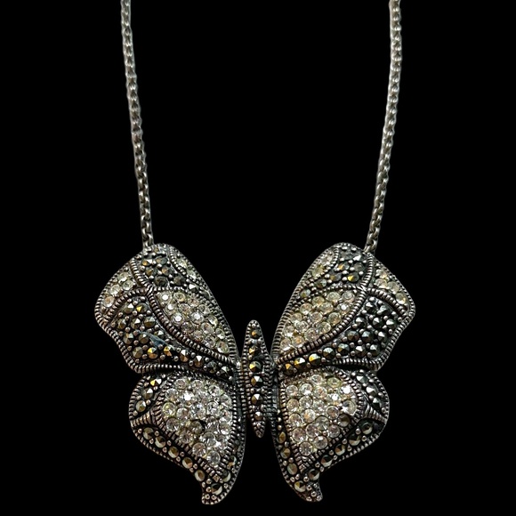 Sterling Silver Marcasite Butterfly Necklace With Crystal Accents - Picture 2 of 6